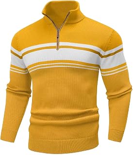 Mens Sweater Quarter Zip Sweater Striped Fall Winter Polo Pullovers