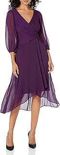 DKNY Women's 3/4 Sleeve Chiffon Wrap Dress, Wine, 12