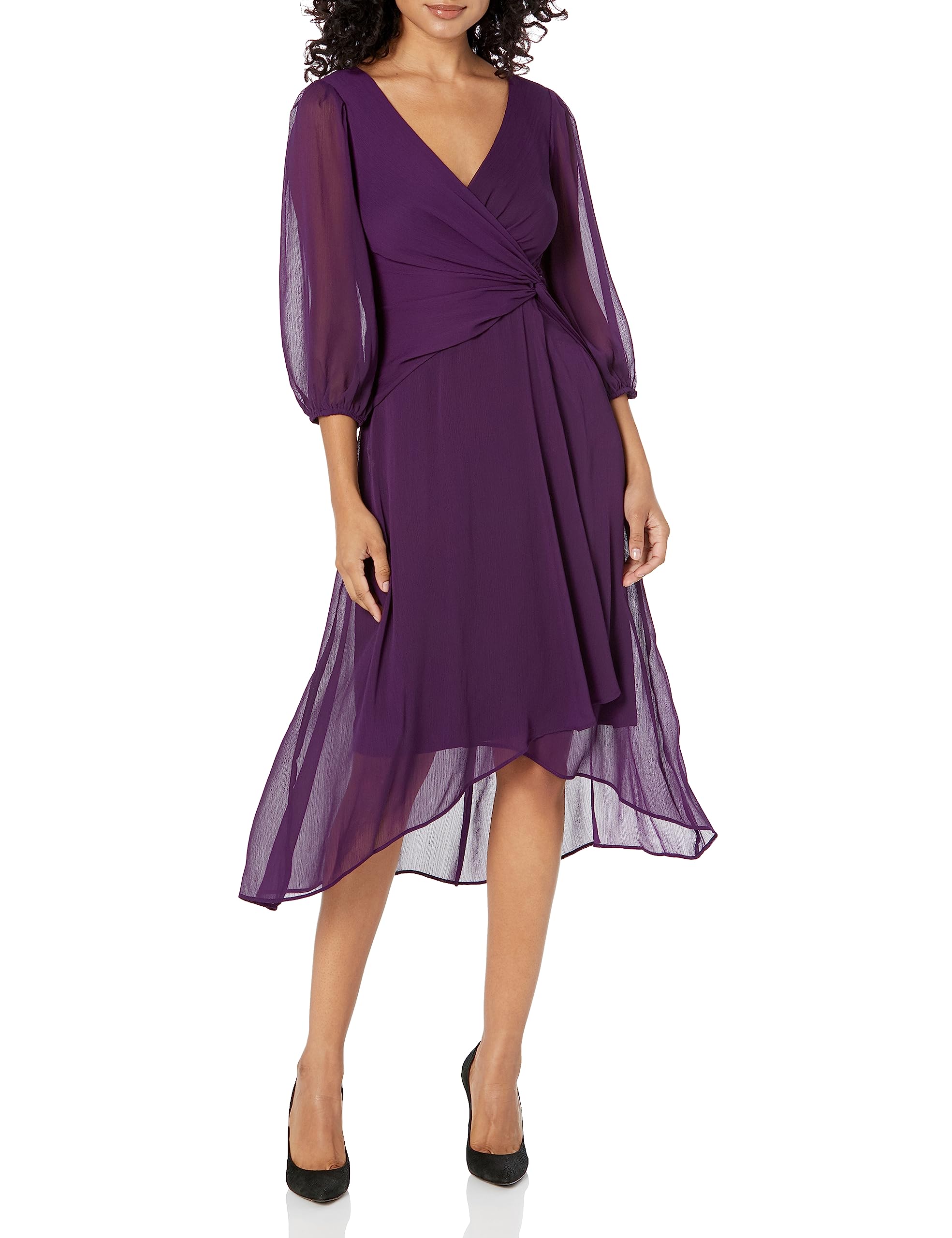 DKNY Women's 3/4 Sleeve Chiffon Wrap Dress, Wine, 12