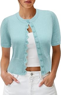 Women Cropped Short Sleeve Cardigan Button Down Lightweight Sweater Top