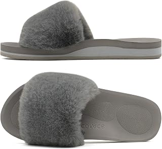 COFACE Womens Slides Fuzzy Slippers Open Toe Fluff Slippers With Arch Support Plantar Fasciitis Orthotic Slippers Women House Shoes