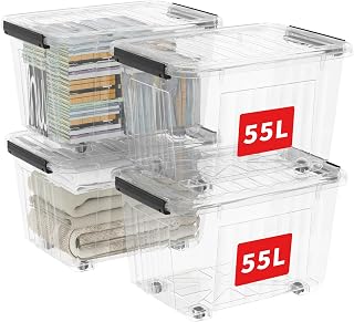 Cetomo 55 L x 4 Storage Boxes, Groove Reinforced Plastic Boxes with Wheels & Lids, Stackable Storage Box, Organiser Boxes for Home and Office, PP, Transparent, 55 L (Pack of 4)