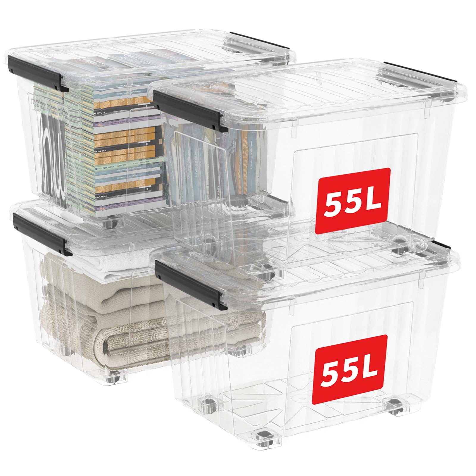 Cetomo 55 L x 4 Storage Boxes, Groove Reinforced Plastic Boxes with Wheels & Lid