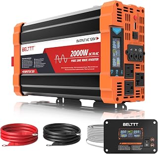 BELTTT 2000W Pure Sine Wave Inverter 12V DC to 120V AC, 4000W Surge | LCD Display, Dual AC and 20A Outlets, 23ft Remote, Hardwire Port, USB, Power Inverter for Solar, RV Truck, 93% Max Efficiency