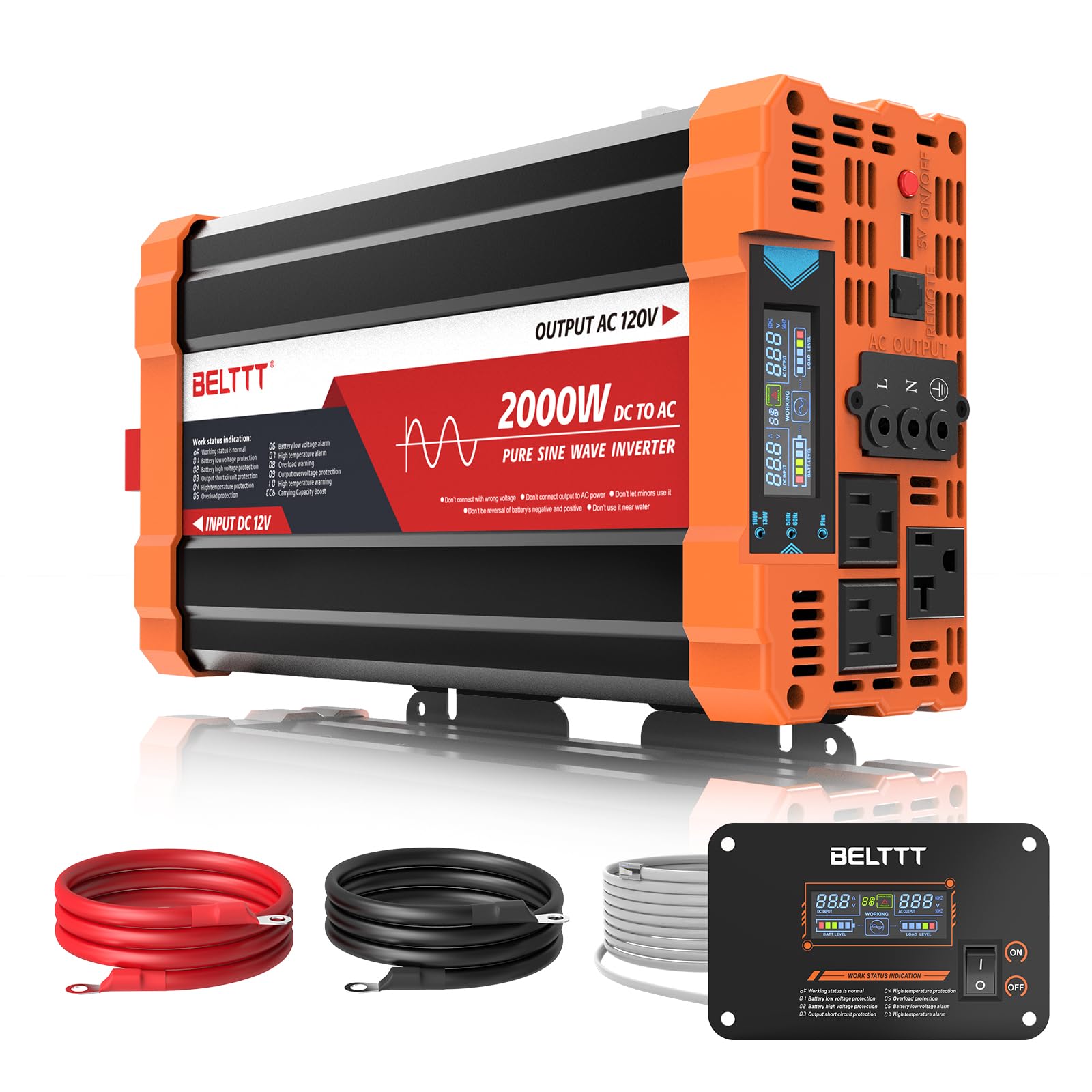 BELTTT 2000W Pure Sine Wave Inverter 12V DC to 120V AC, 4000W Surge | LCD Displa