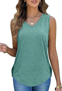 Womens V Neck Cute Tanks Tops Curved Hem Sleeveless Spring Summer tees