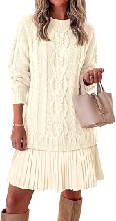 Saodimallsu Womens Cable Knit Sweater Dress Patchwork Pleated Long Sleeve Crewneck Fall Chunky Preppy Mini Dresses