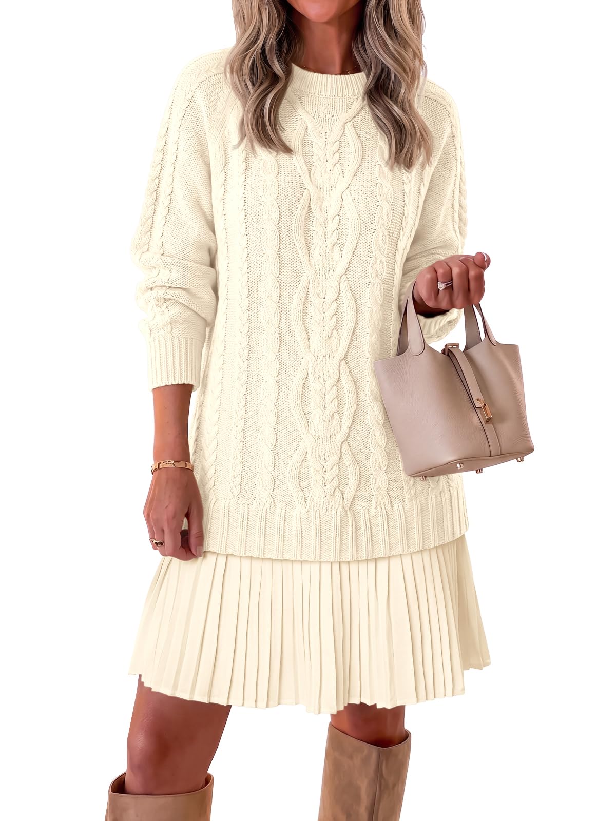 Saodimallsu Womens Cable Knit Sweater Dress Patchwork Pleated Long Sleeve Crewne