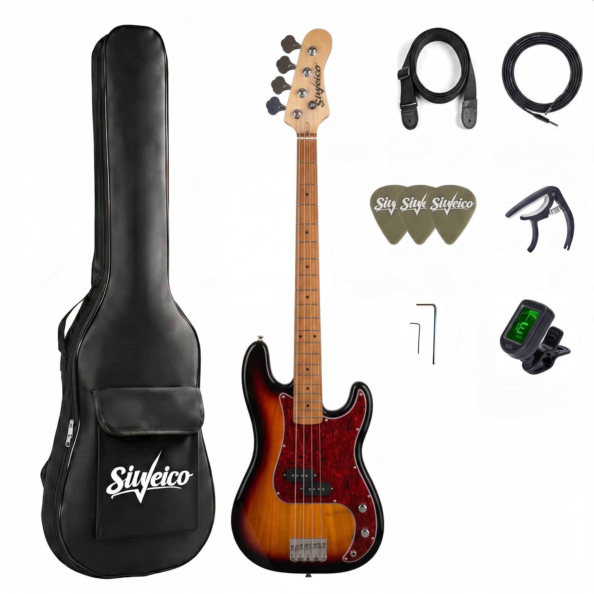 Siueico 4 String P-Style Precision Electric Bass Guitar, Basswood Body Maple Nec
