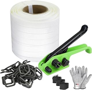 NVOYAJUAN Banding Strapping Kit with 3/4" x 330 ft Woven Cord Band 50 pcs Phosphate Wire Buckles Tensioner Tool for Pallet Box Packaging