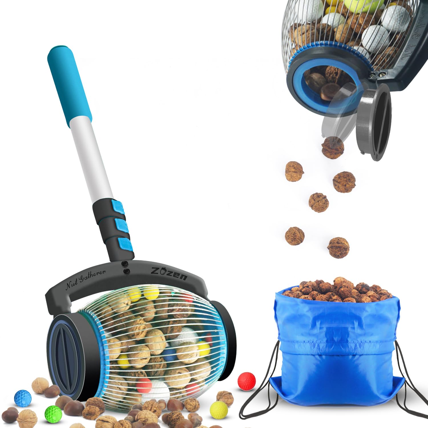 Zozen Nut Gatherer, Acorn Picker Upper, Side Opening Dump, 1 Gallon | Telescopic