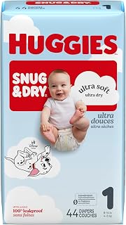 Huggies Snug &amp; Dry Diapers Size 1, 44 Count | Ultra Soft and Ultra Dry, Day &amp; Night Protection, GentleAbsorb Liner, Wetness Indicator, Fragrance Free, No Parabens