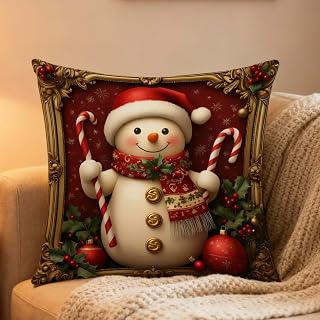 Christmas Pillow Cases 17.5 x 17.5 Inch Linen Christmas Snowman Candy Cane Decorative Square Pillow Cases with Invisible Zipper for Living Room Sofa