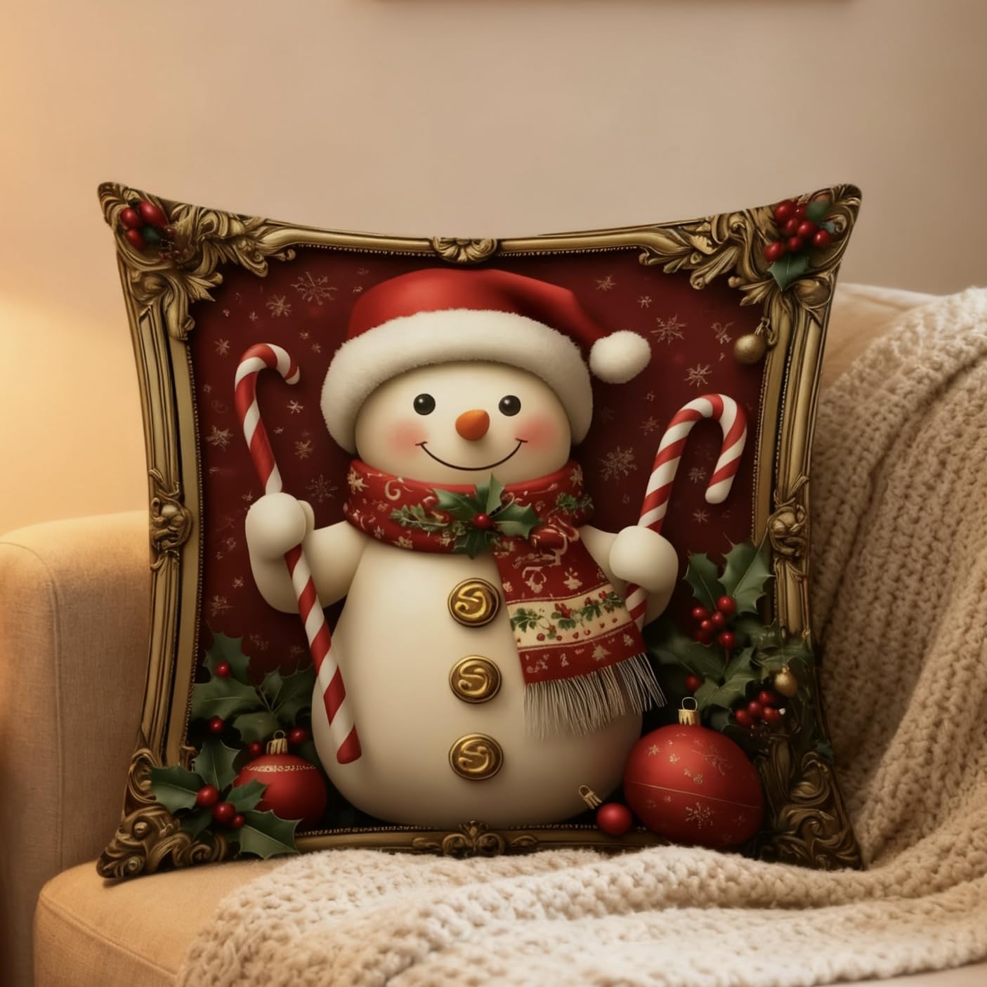 Christmas Pillow Cases 17.5 x 17.5 Inch Linen Christmas Snowman Candy Cane Decor