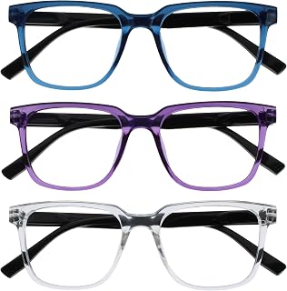 OPULIZE LEO Reading Glasses – Set of 3 – Large Rectangular Frames – Blue, Purple, Transparent – Men and Women – Spring Hinges – RRR55-35C – +1.00