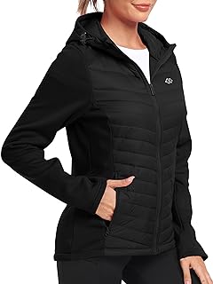 MoFiz Womens Fleece Lined Softshell Jacket Hooded Lightweight Insulated Puffer Hybrid Down Jacket Full Zip Running Coat
