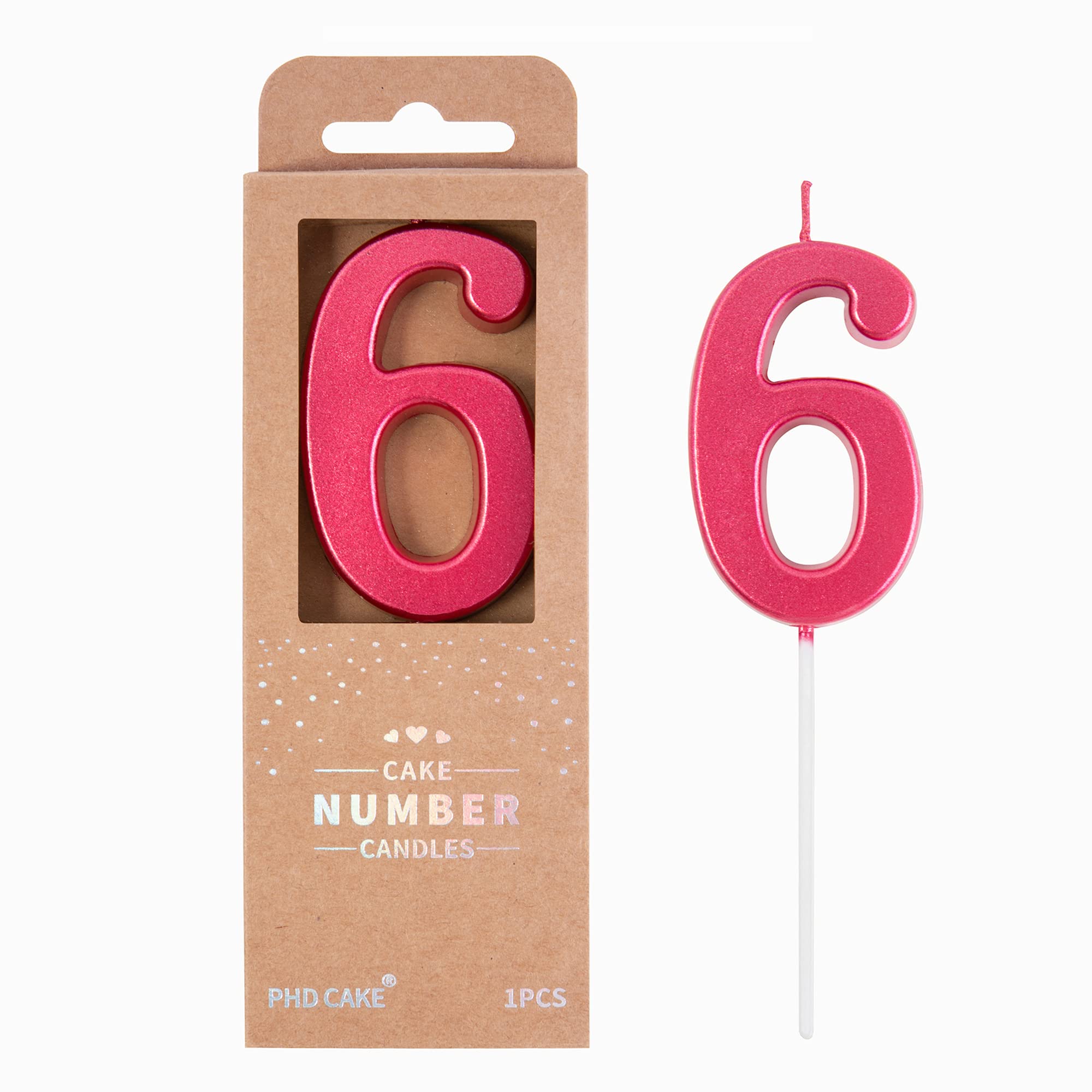 PHD CAKE 2.76 Inch Modern Red 6 Number Birthday Candles, Cake Candles for Party 