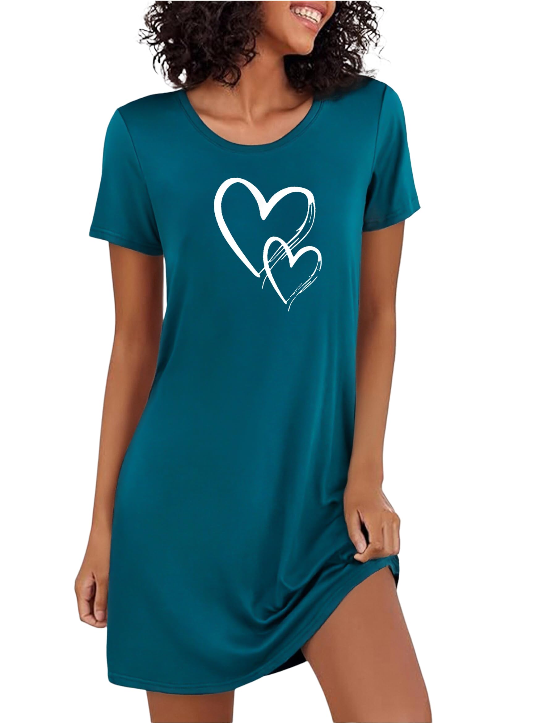 Marvmys Nightgowns Women Agodon Summer Short Sleeve Cute Print Heart Soft Elegan