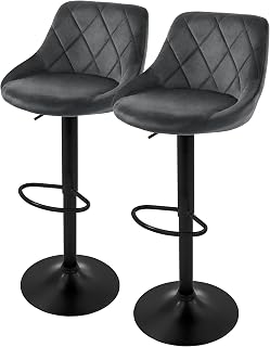 ML-Design Bar Stools Set of 2 Velvet Cover Grey Padded Bar Chair with Backrest and Footrest Height Adjustable 62-82 cm 360° Rotatable Bistro Stool Swivel Chair Bar Chairs