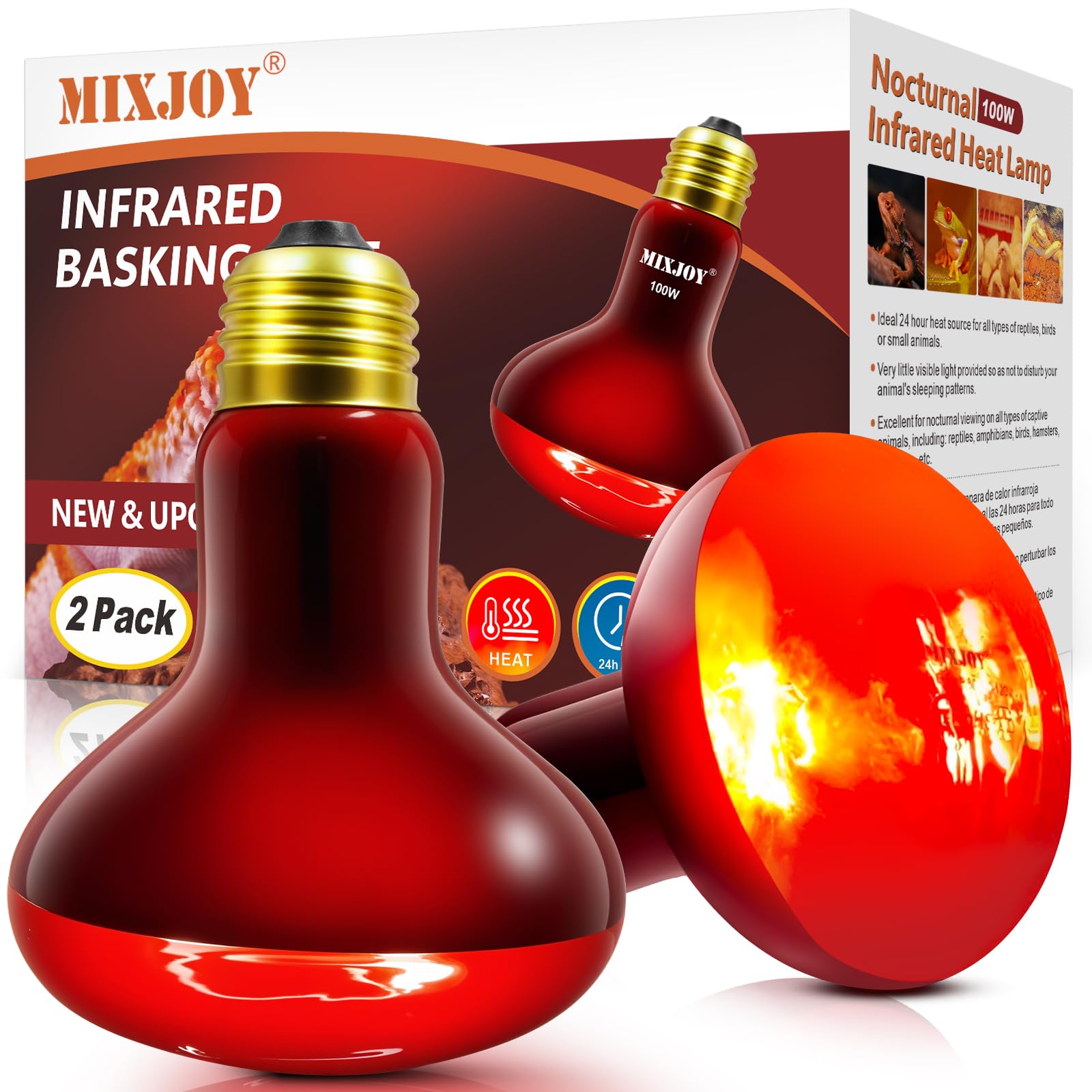 MIXJOY Infrared Heat Lamp Bulbs, 2 Pack 100W Reptile Red Heat Lamp Bulbs Infrare