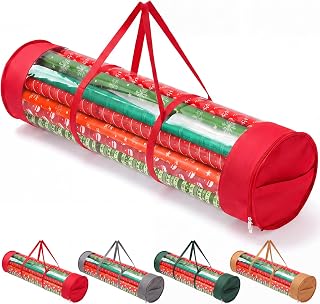 Christmas Wrapping Paper Organizer, 41" Gift Wrapping Paper Storage Red | Clear PVC Waterproof, Gift Wrap Paper Holder with 600D Oxford Wrap-around Handle and Sturdy Zip Fits 18-25 Rolls