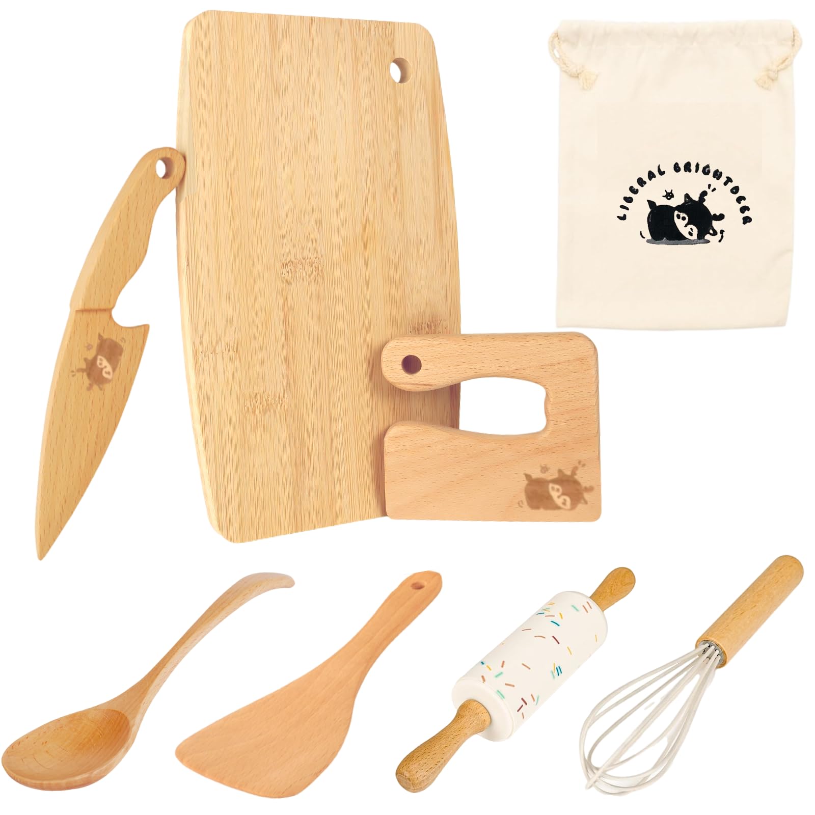 Wooden Kids Safe Knife and Kids Baking Set for Real Cooking, 8 PCS Toddler Monte