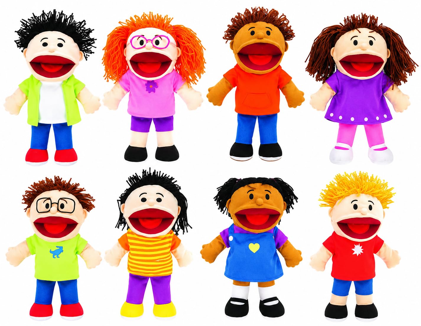 Fun Express Hand Puppets for Kids, 8 Multicultural, 14 Inch | Plush with Movable