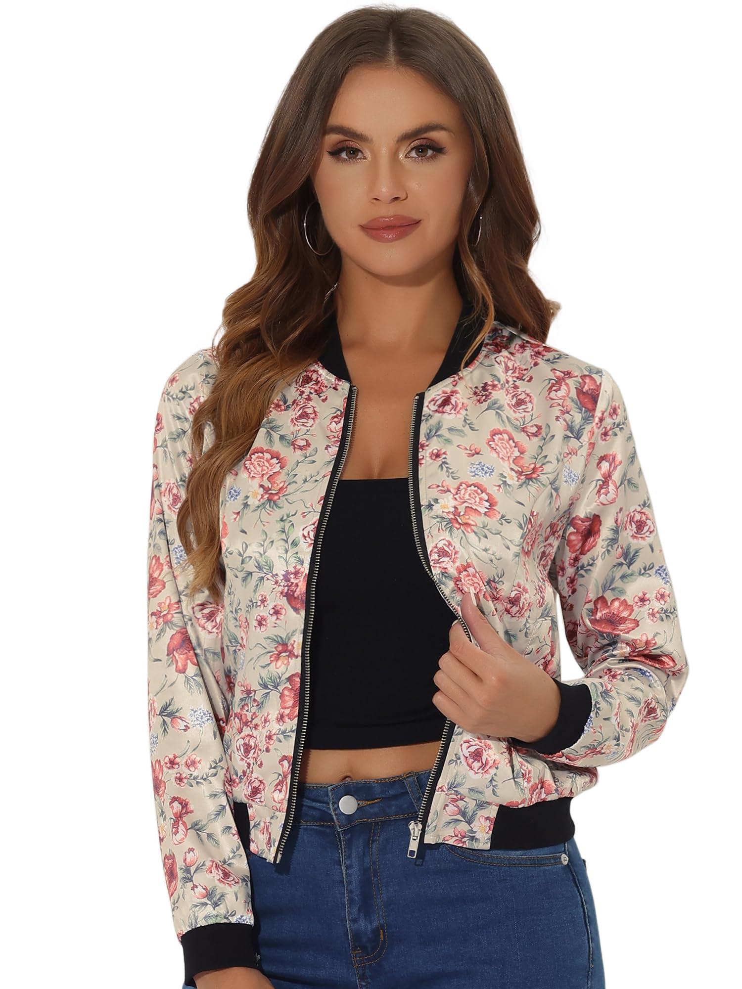 Allegra K Women's Colourful Blouson Spring Summer Bomber Jacket Floral Pattern Z