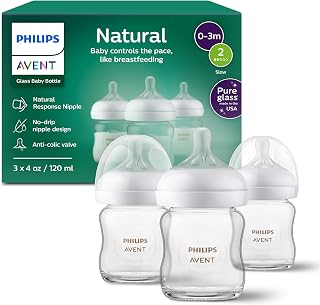 Philips Avent Natural Glass Baby Bottles with Natural Response Nipples (Slow Flow, Flow 2), 4oz, 3-pack, SCY910/03