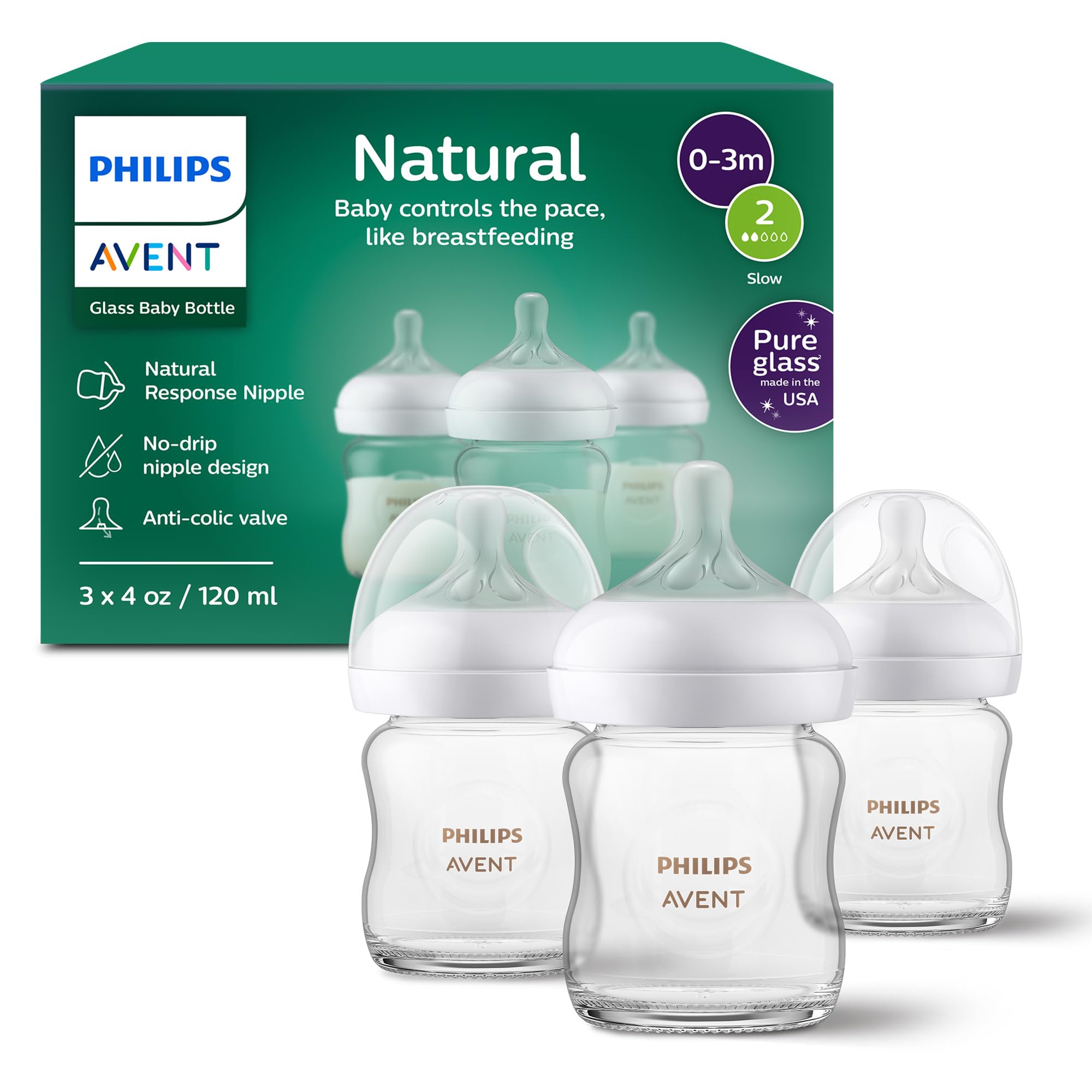 Philips Avent Natural Glass Baby Bottles with Natural Response Nipples (Slow Flo