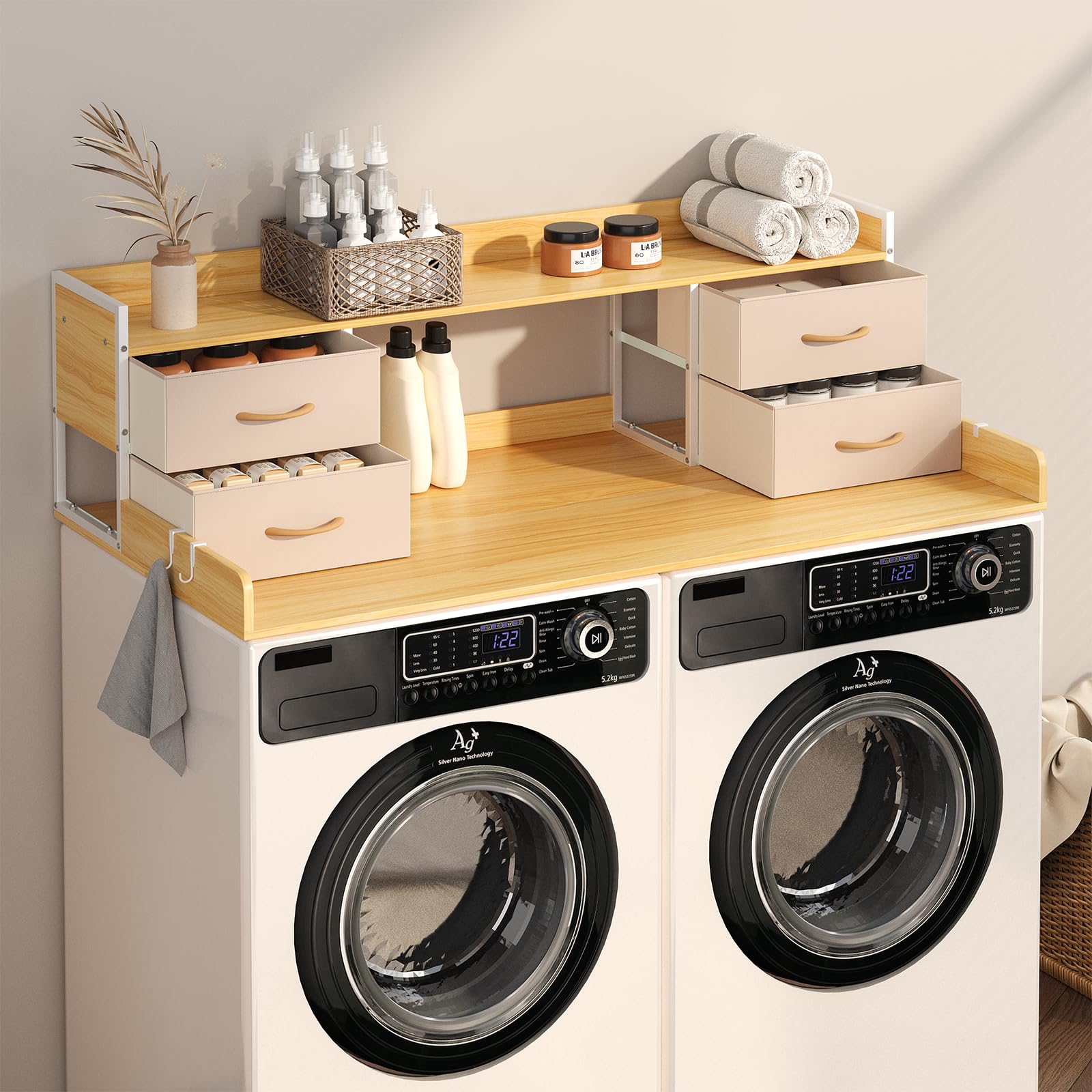 4 Drawers Washer Dryer Countertop with Shelf, 27.5" D x 54" W Laundry Topper wit