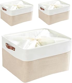 Mangata Set of 3 Storage Boxes with Drawstring, Jumbo Canvas Fabric Thickened Storage Basket for Pillow, Quilt, Shelf (XXLarge, Light Khaki/White)