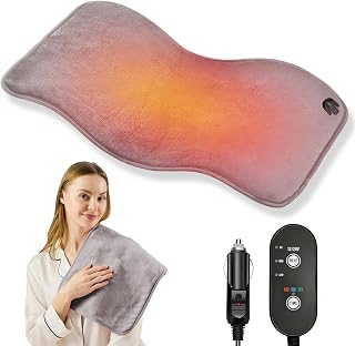 12V/24V Car Heated Blanket 12"x 24", Washable, Heat Settings, Auto-Off | Pain Relief for Back, Shoulders, Period Cramps, Portable Small Car Electric Blanket for Travel, SUV, Truck, RV, Camping, Gray