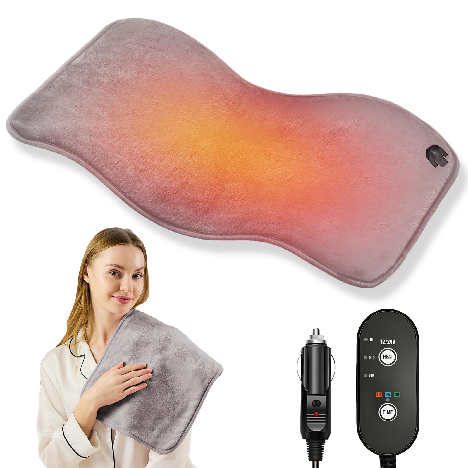 12V/24V Car Heated Blanket 12"x 24", Washable, Heat Settings, Auto-Off