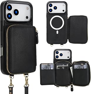 Bocasal for MagSafe Wallet Case for iPhone 18 Pro Max / 17 Pro Max, Black | Crossbody for Wireless Charging RFID Blocking Purse Case with Card Slot Holder Kickstand Wrist Strap Lanyard Zipper 6.9 Inch