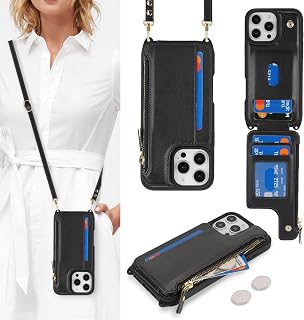 Cavor Custodia a portafoglio per iPhone 16 Pro con porta carte, per iPhone 16 Pro Max, custodia a portafoglio per iPhone 16 Pro con cinturino, cordino a tracolla e tasca con cerniera, colore nero