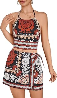 SweatyRocks Women's Tropical Halter Top and Shorts 2 Piece Vacation Outfits