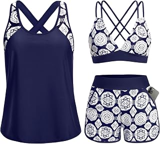 Women's 3 Piece Tankini Swimsuit Tummy Control with Bra Pocket Boy Shorts