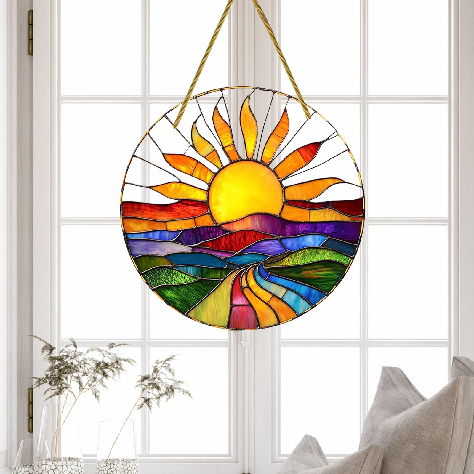 Decorative Hanging Ornament Round Acrylic Panel 8 Inch Sunrise Scene Design Sunc