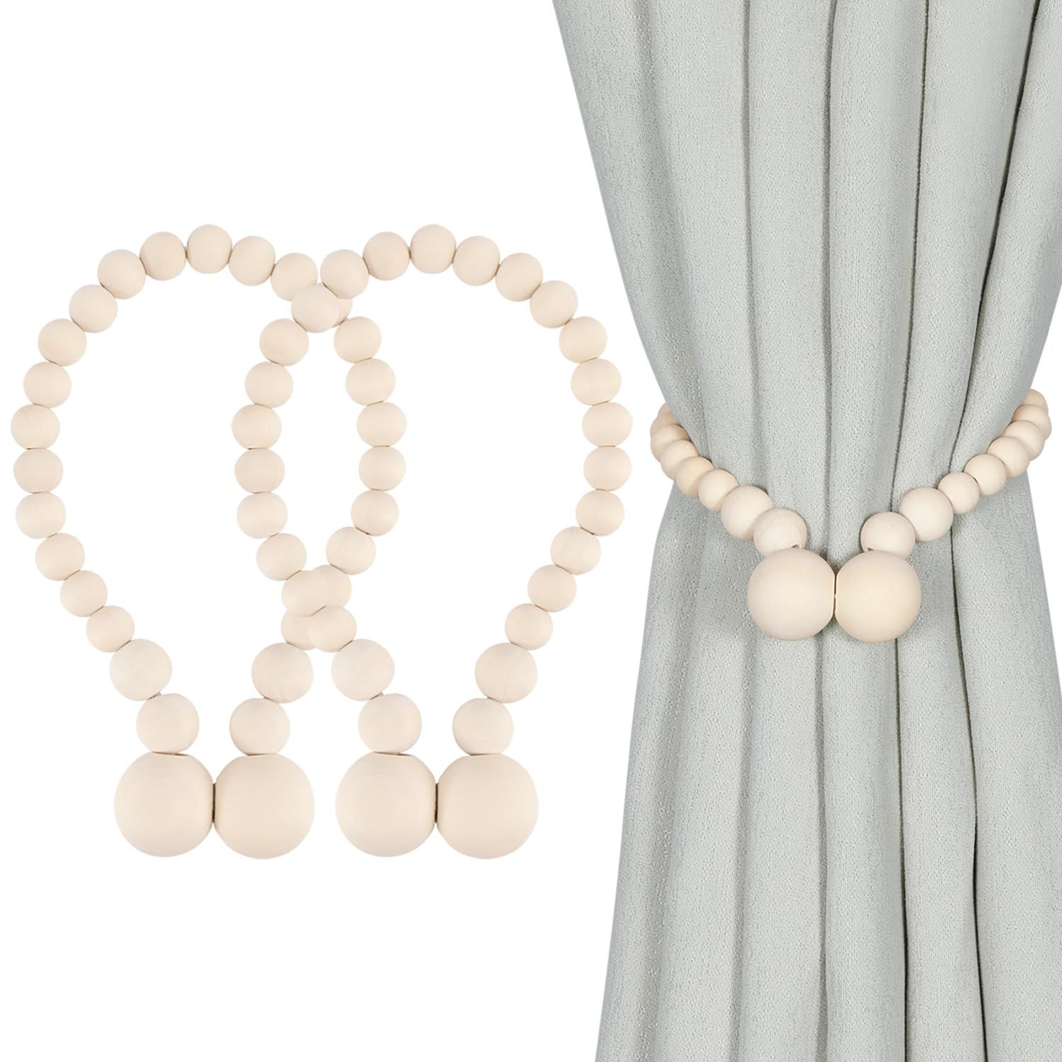 KLOGTSIND Magnetic Curtain Tiebacks, 2 Pack Wood Bead Curtain Holdbacks | Elegan