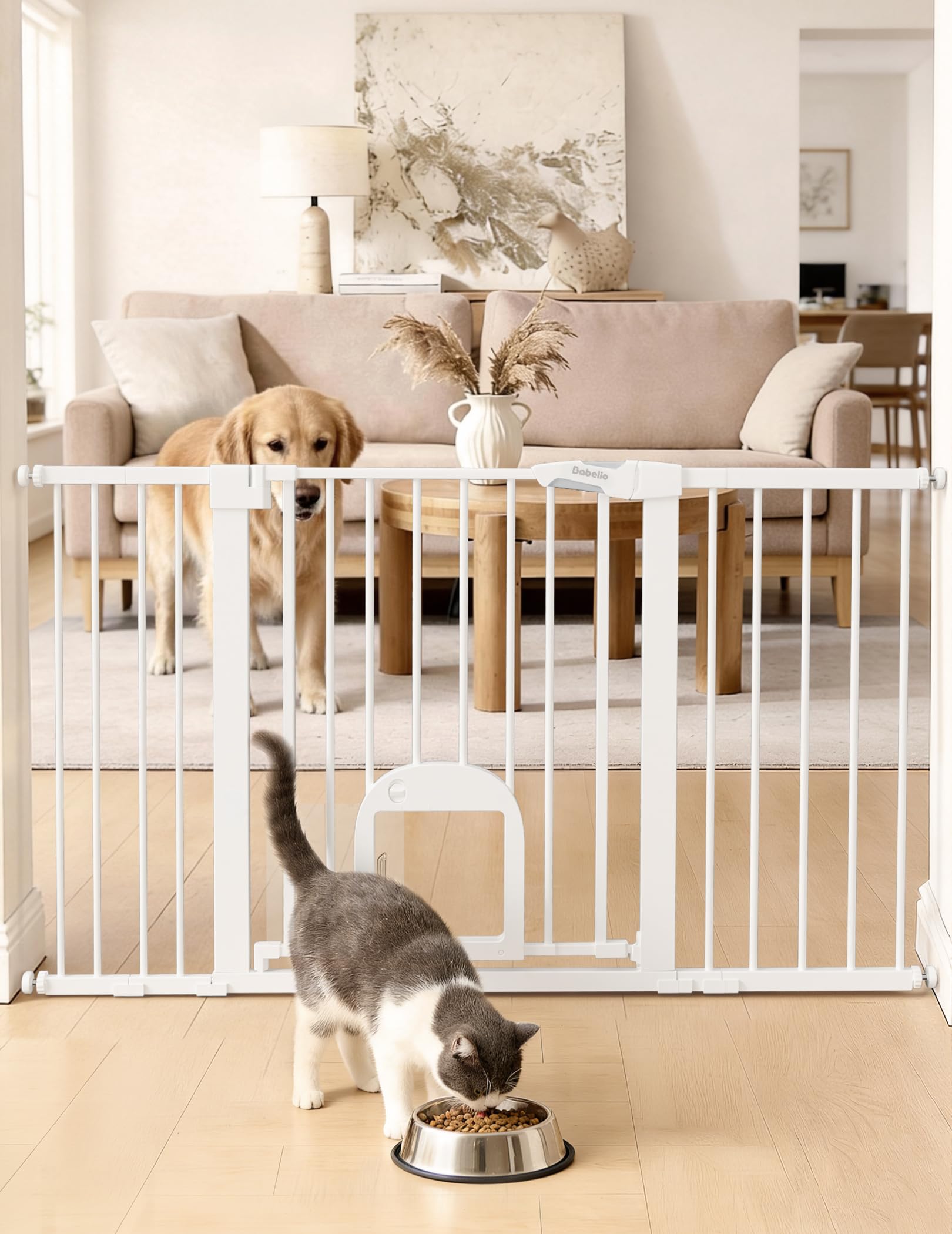 Babelio Extra Wide Dog Gate with Small Cat Door, CatPrivilege III, 29-55"