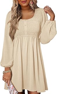 Dokotoo Womens Dresses 2026 Casual Smocked Crewneck Button Up Long Sleeve Empire Waist A-Line Mini Dress
