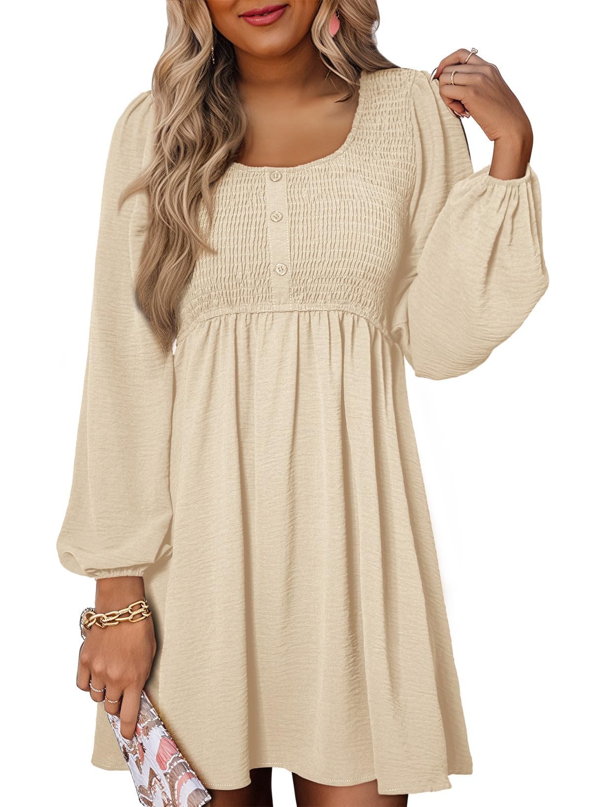 Dokotoo Womens Dresses 2026 Casual Smocked Crewneck Button Up Long Sleeve Empire