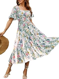 Amegoya Women's Boho Flowy Long Sleeve Square Neck Floral Midi Dress Smocked Spring Fall Wedding Guest Dresses