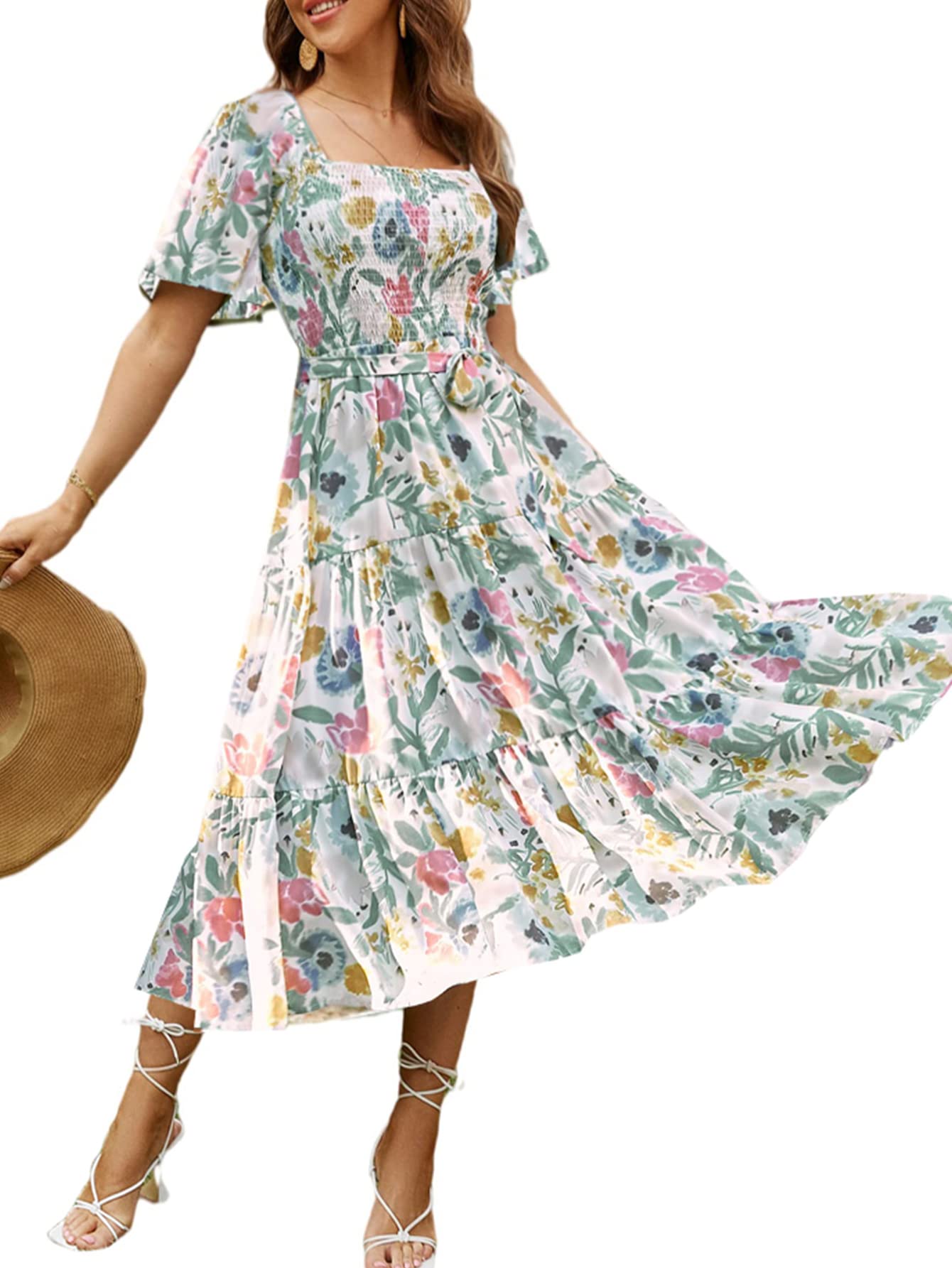 Amegoya Women's Boho Flowy Long Sleeve Square Neck Floral Midi Dress Smocked Spr