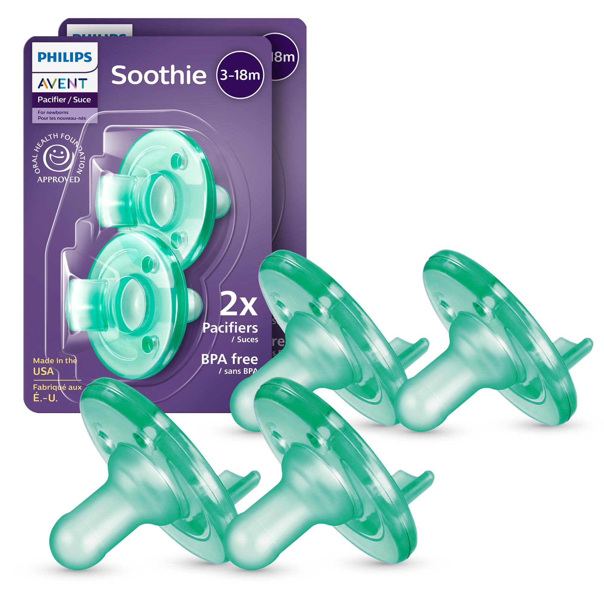 Philips Avent Soothie Baby Pacifier for 3-18 Months, BPA-Free, 4-Pack | Supports