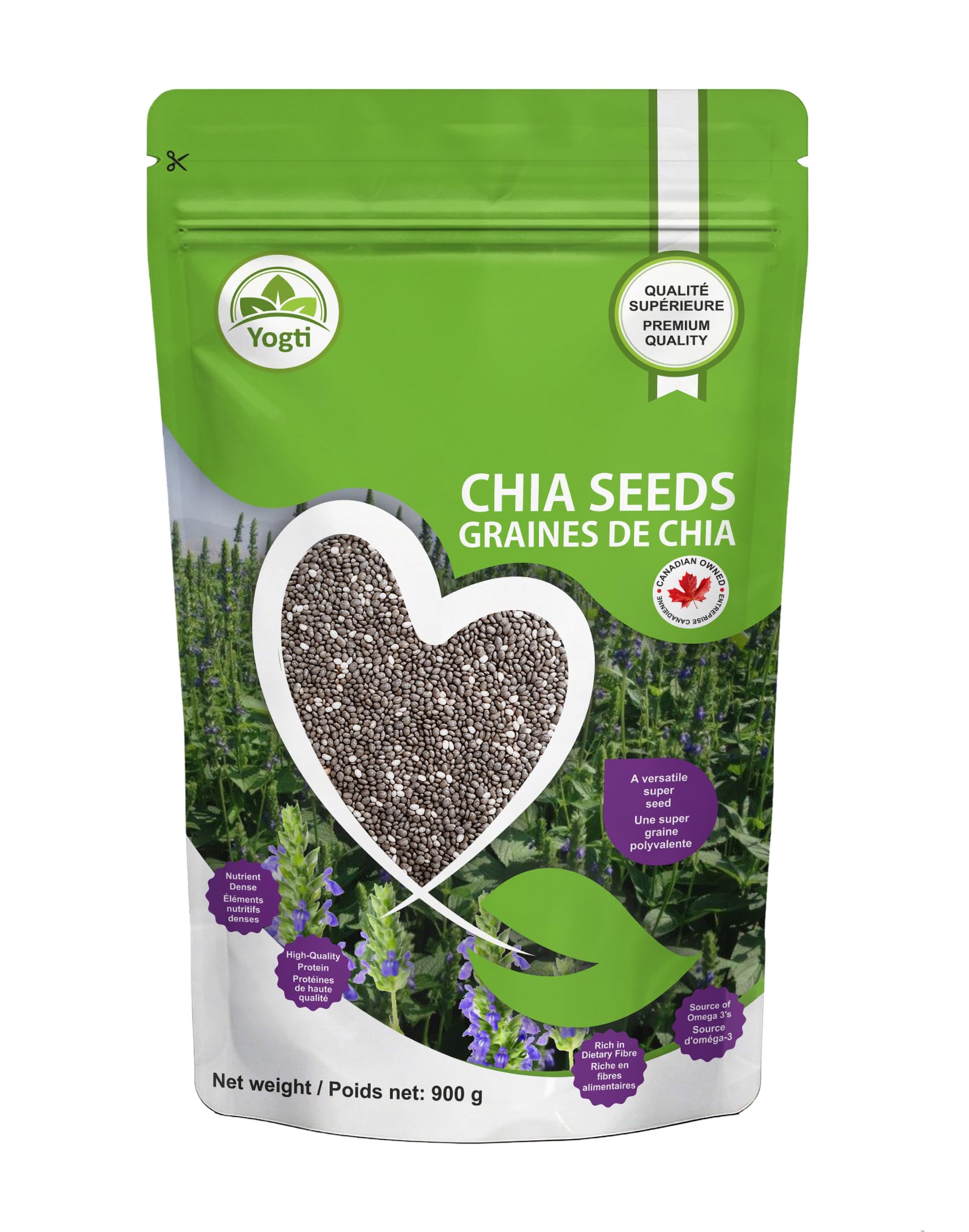 Yogti [Canadian Brand] Raw Black Chia Seeds - 900g, Raw Plant Based SuperFood, N