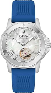 Bulova Women's Marine Star Automatic Stainless Steel Case and Blue Silicone Strap, Mother of Pair Dial Style: 96L324, Blue, Marine Star Series Automatic Silver Tone Stainless Steel Case with Silicone Strap
