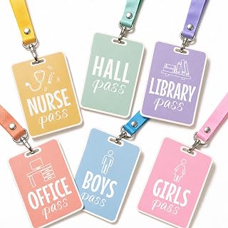 Classroom Hall Passes for Elementary, 6 Pcs Pastel Durable Bathroom Pass Lanyard Set for Middle High School Student, Wooden Teacher Supplies for Hallway Restroom Library Office and Nurse