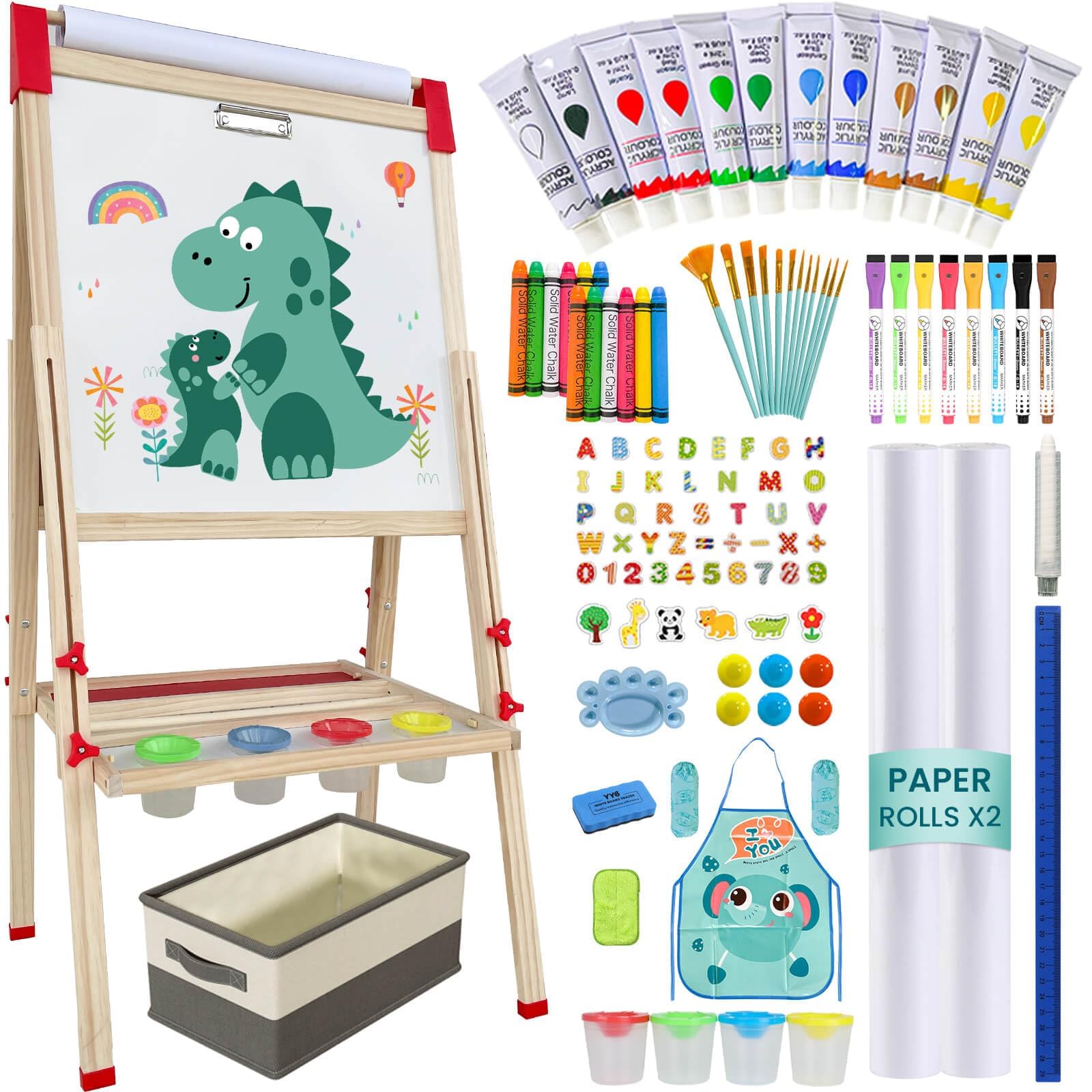Adjustable Wooden Art Easel for Kids,Double Sided Chalkboard & Whiteboard | Draw
